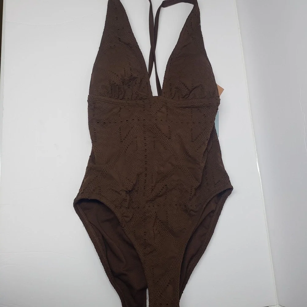 Shade & Shore One Piece Swimsuit Womens‎ S 4-6 Brown Eyelet Lace Up Back